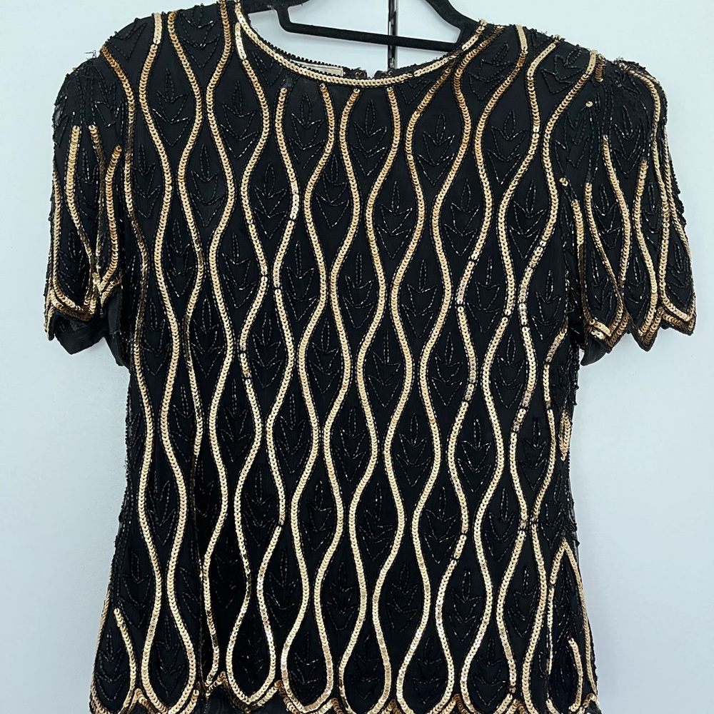 Vintage‎ Black Gold Sequin Top 80s Glam Party Holiday Beaded Blouse Petite PM